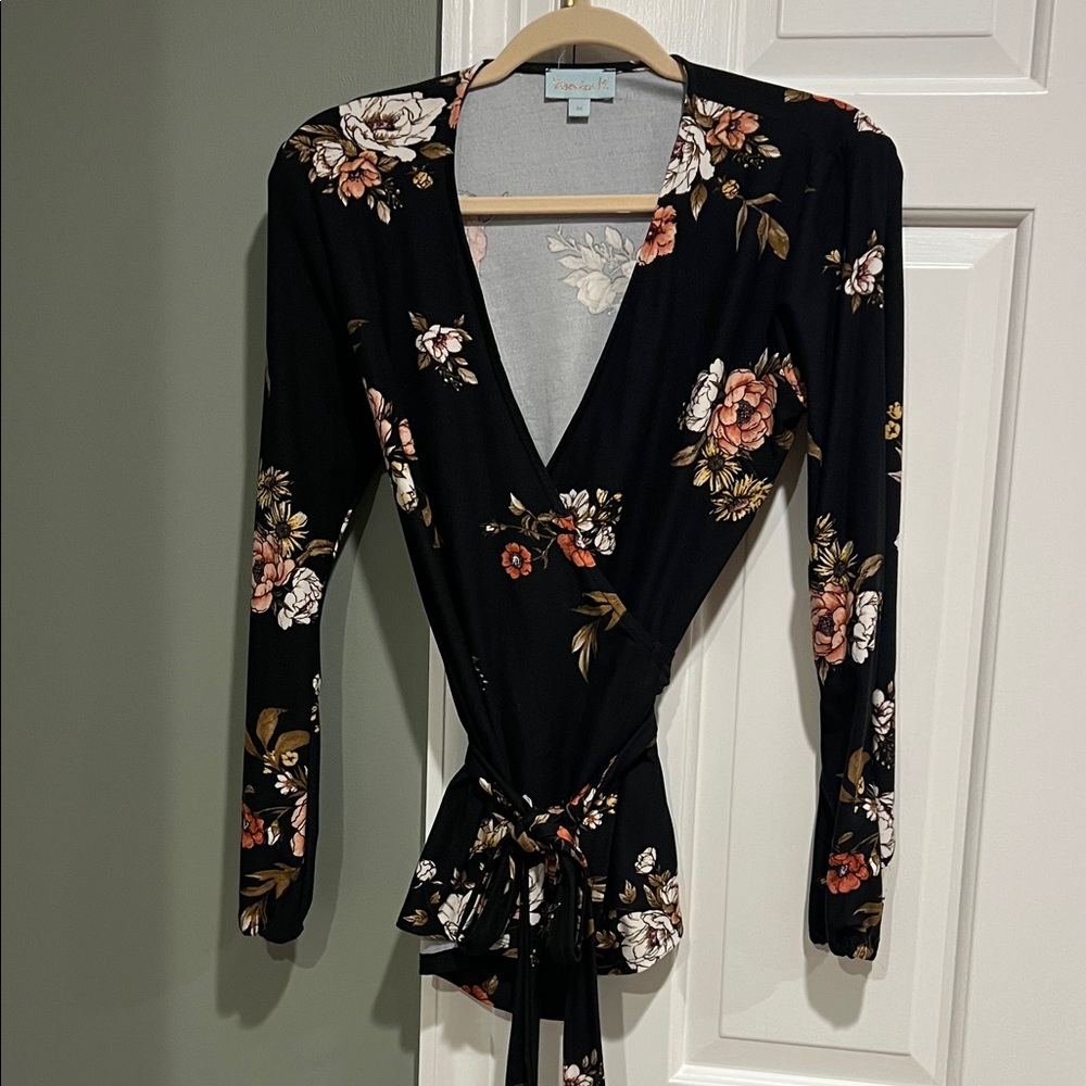Veronica M Black Floral Wrap Blouse